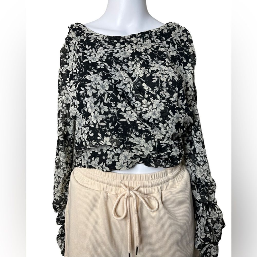 Zara Floral Long Sleeve Blouse Black & Cream Size XS